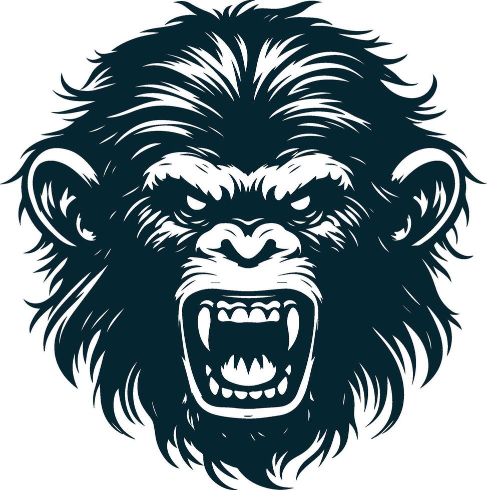 Raging chimpanzee silhouette, wild beast emblem, fierce animal art, aggressive chimp logo, powerful chimp image, jungle predator icon, dark animal illustration, strong primate design vector