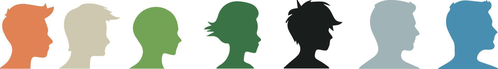People head silhouettes set, human identity graphics, individual profile illustrations, collective figure designs vector