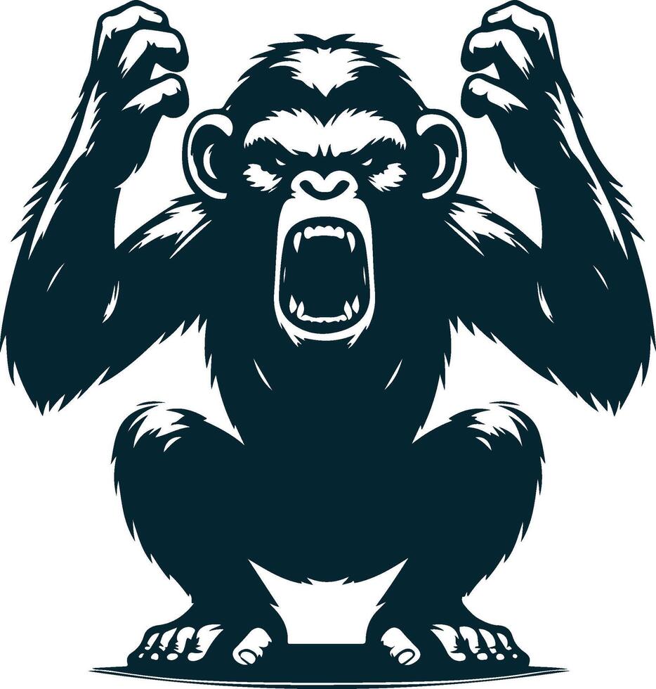 Angry chimpanzee silhouette, fierce primate design, wild chimp logo, aggressive chimp art, chimp head illustration, powerful ape symbol, dark chimp graphic, intense chimp image vector