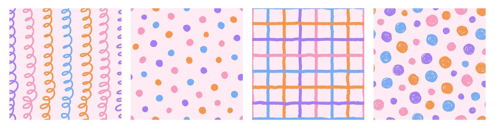 Colorful seamless pattern set of hand drawn curved checkered lines, polka dots and spiral. Trendy design with abstract shapes, simple and playful doodle wallpaper print vector