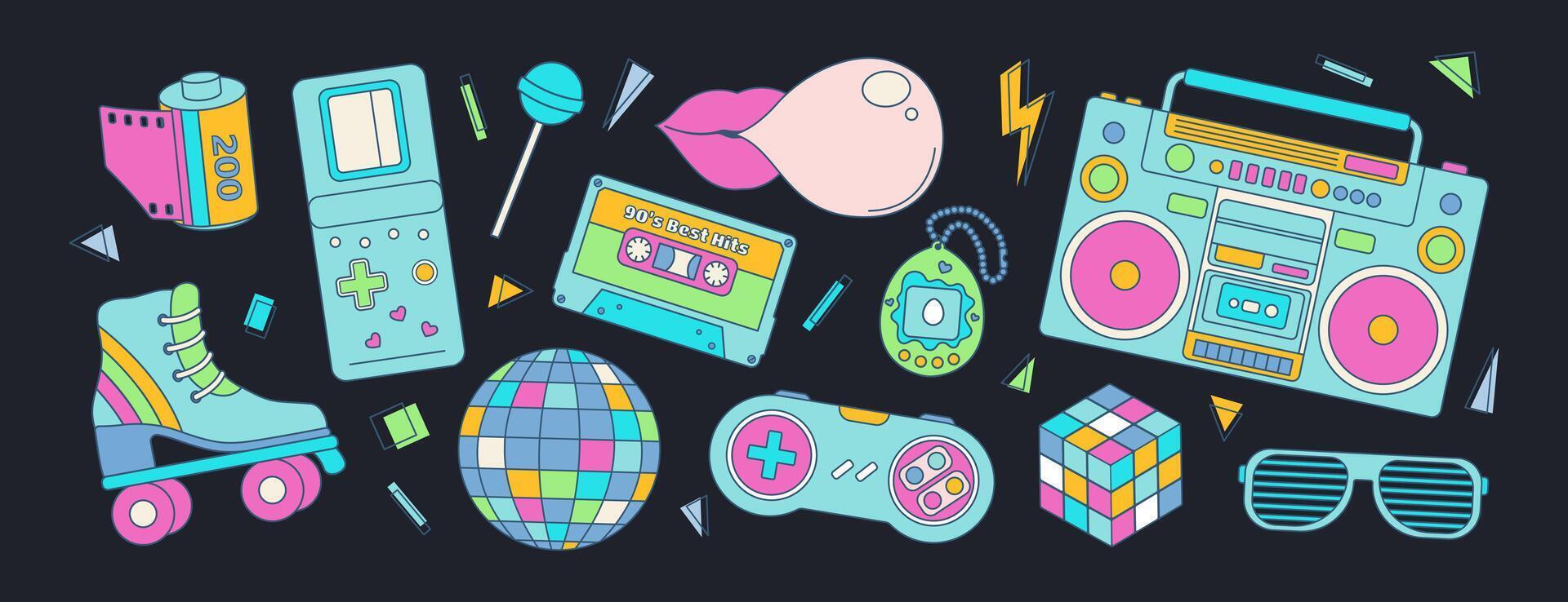 Set of colorful elements 80s 90s, retro badge, emblem, fashionable patch. Disco ball and sunglasses, boombox and roller, cassette. illustration vector