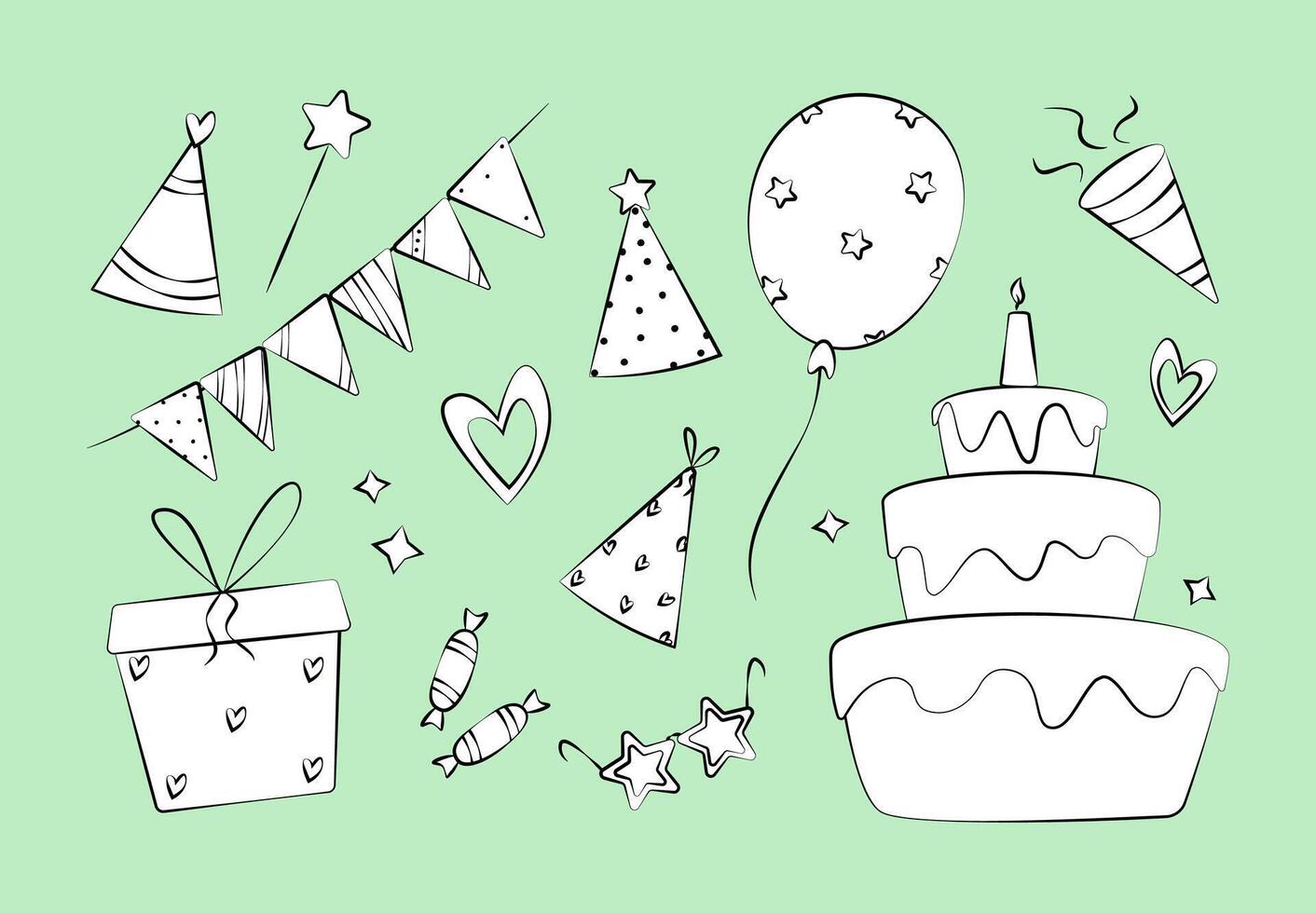 Set of doodle elements for birthday decoration. on isolated background. vector