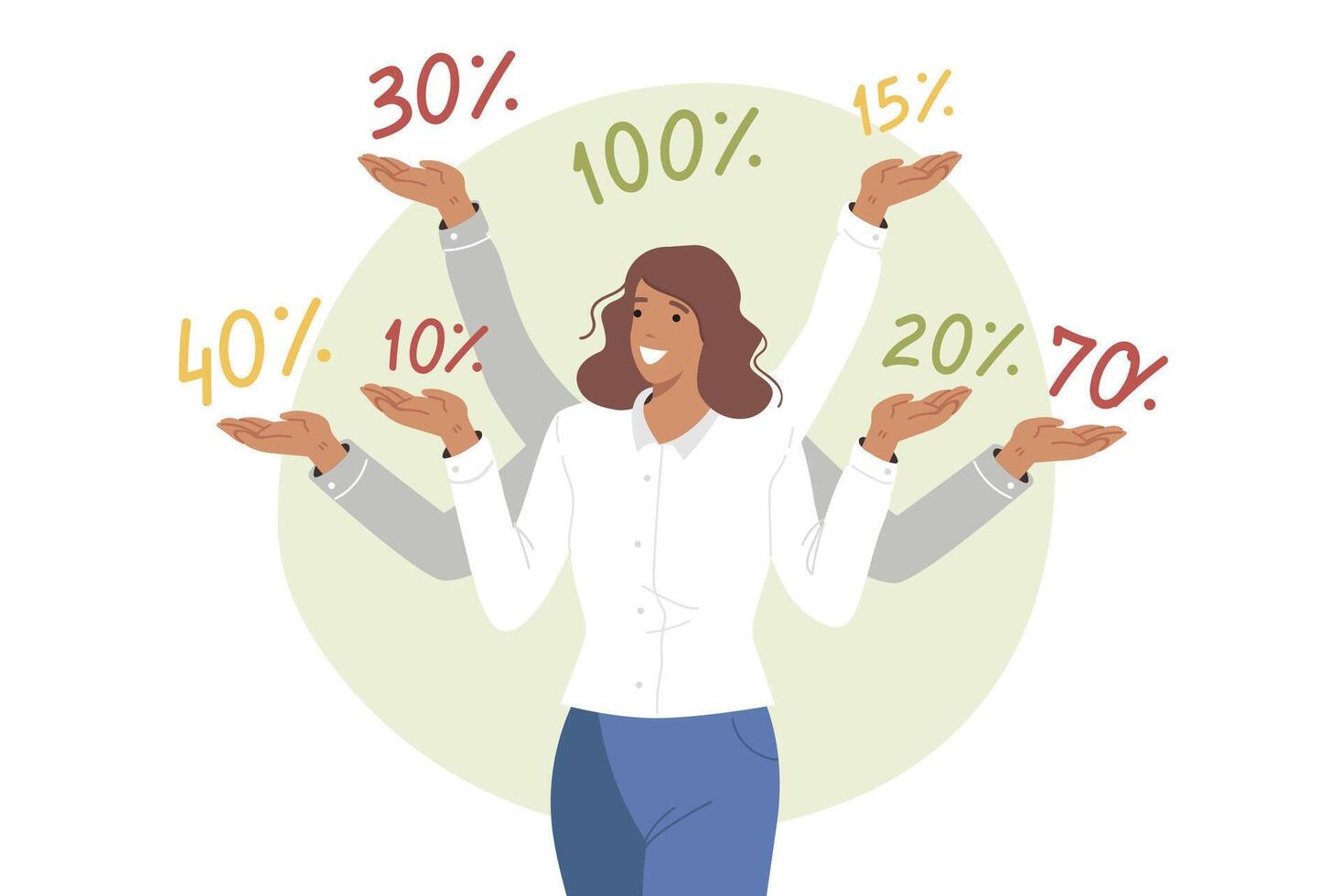 Sale and discounts were announced by multi-armed woman showing numbers reduction in prices vector