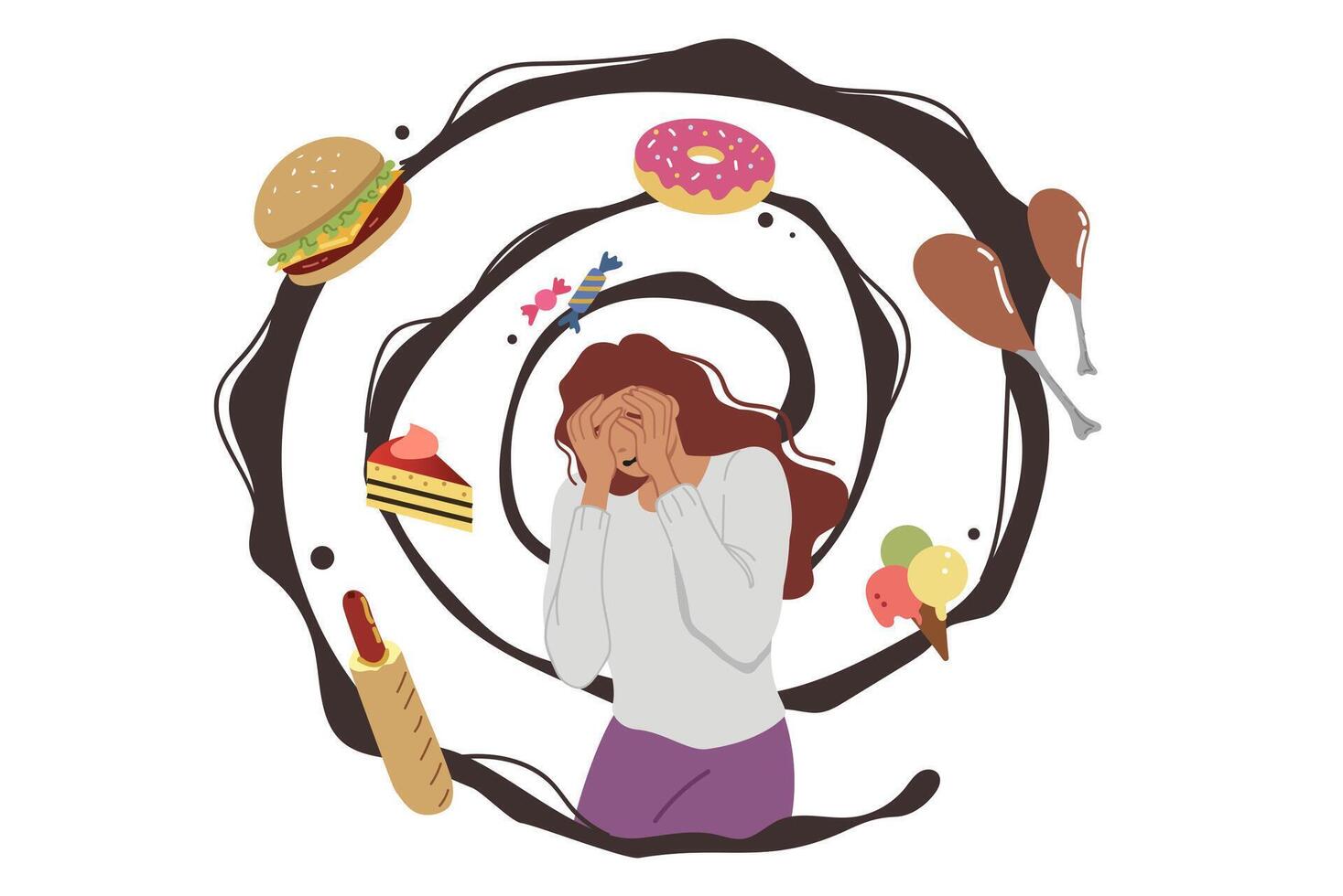 Thoughts about food cause fear and panic in woman with psychological disorder and fear becoming fat vector