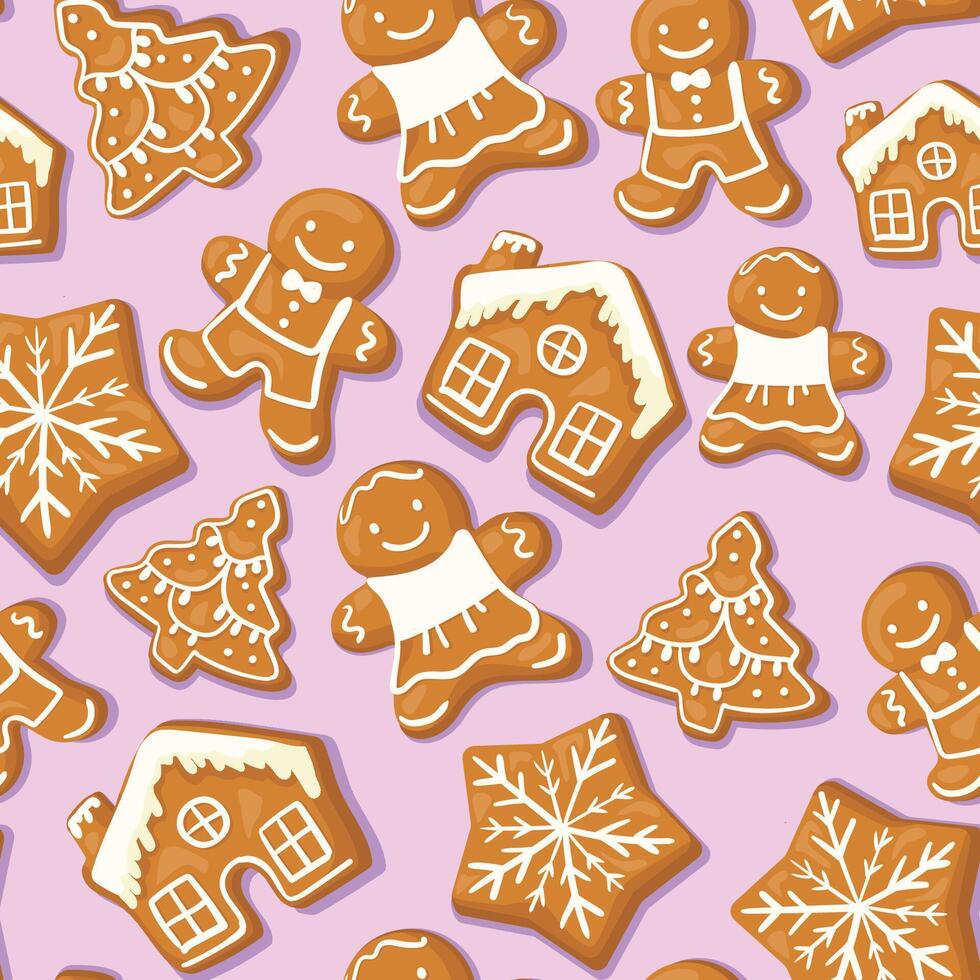 Winter seamless patterns with gingerbread cookies. Awesome holiday pink background. vector