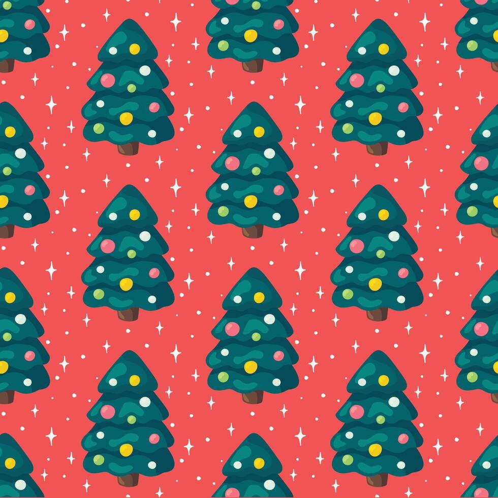 Christmas trees seamless pattern with stars on red background. For wrapping paper, cards and fabric vector