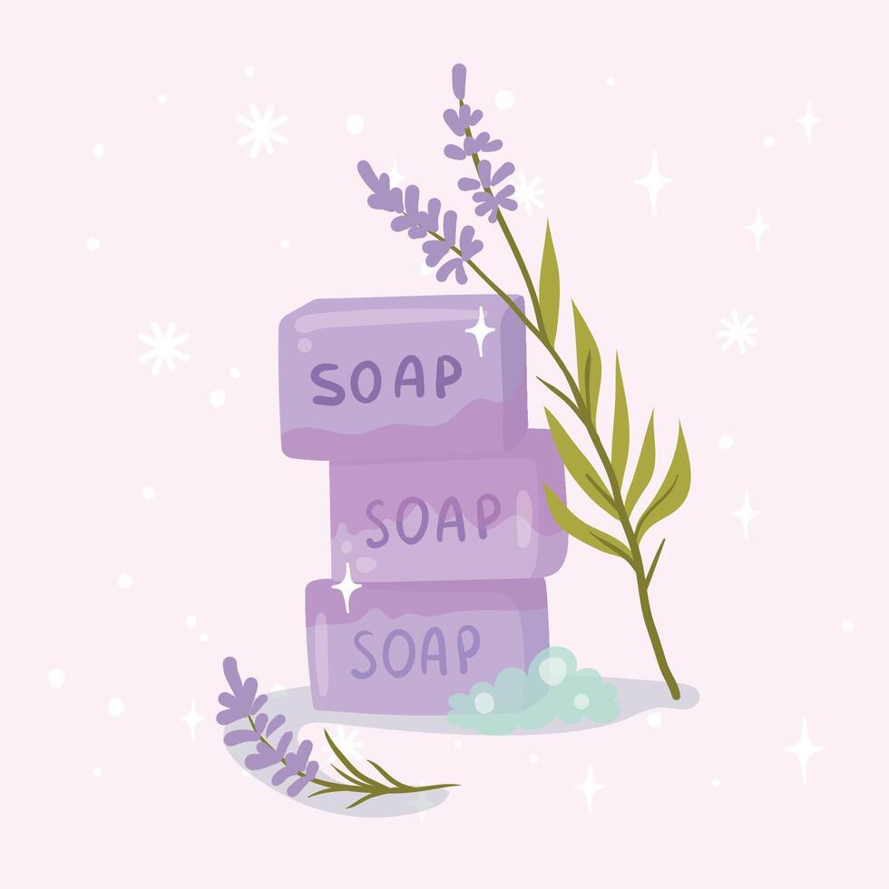 Lavender soothing handmade soap with lavender flowers and foam. illustration vector