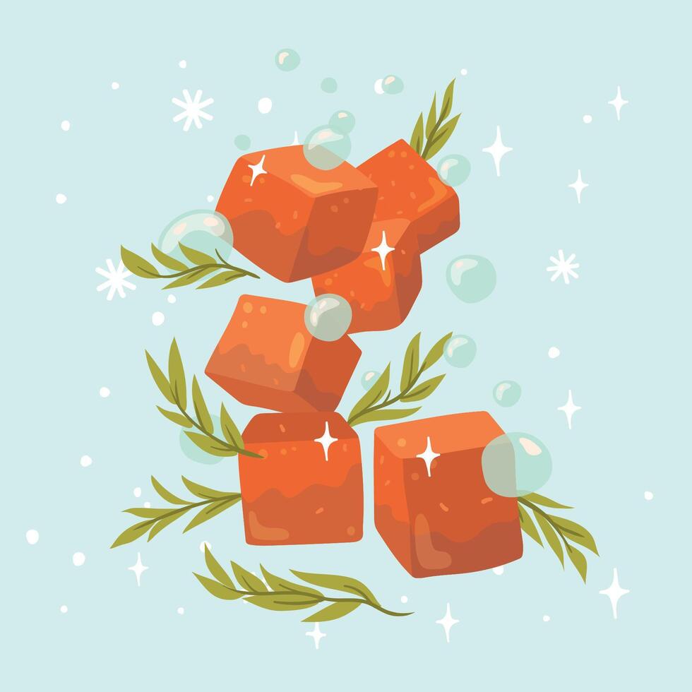 Handmade red soap spinning around leaves. Cosmetics and medical plant. vector
