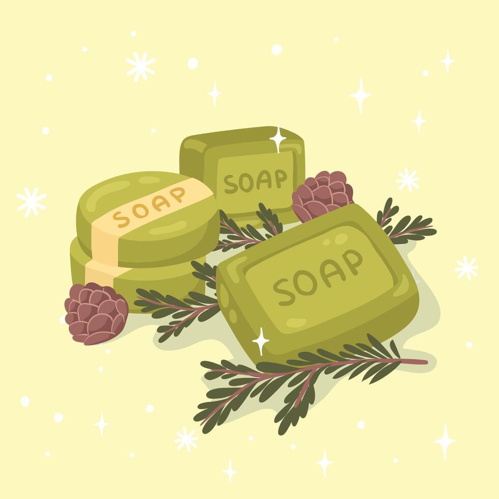 Handmade pine soap with pine cones and branches, Cosmetics and medical plant. vector
