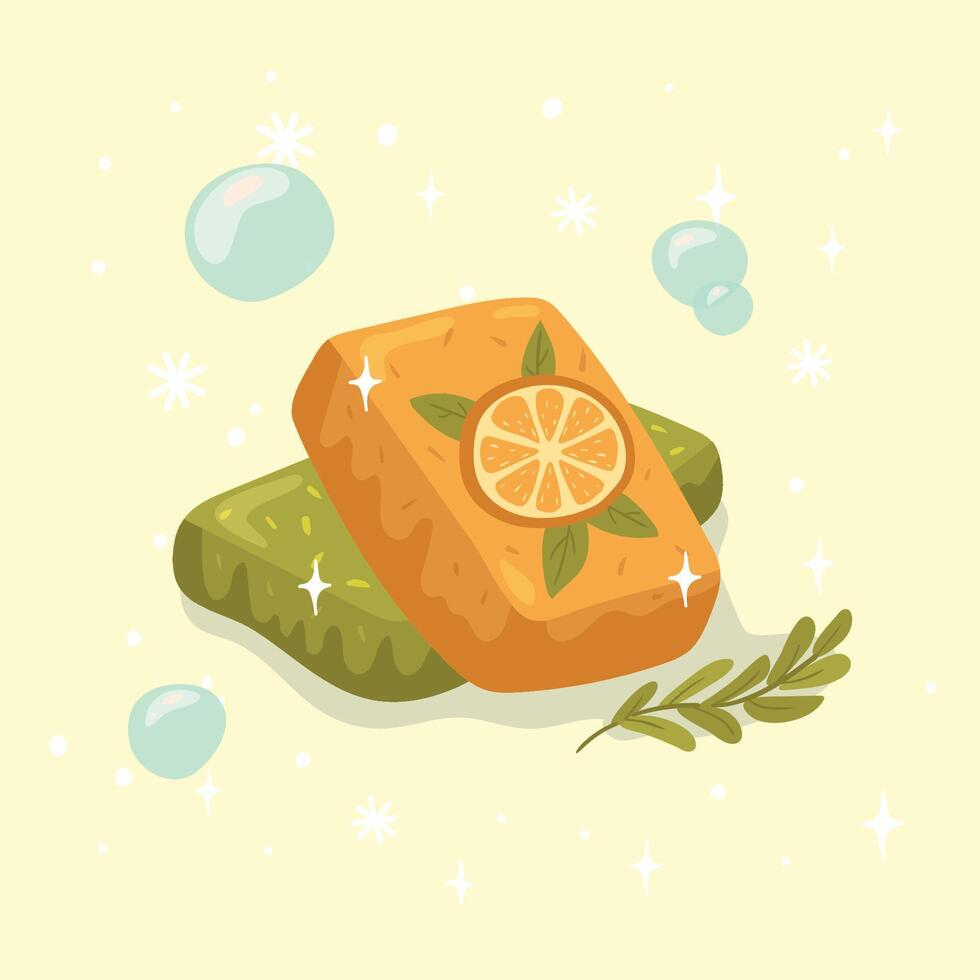 Piece of orange soap with foam, isolated. illustration. vector