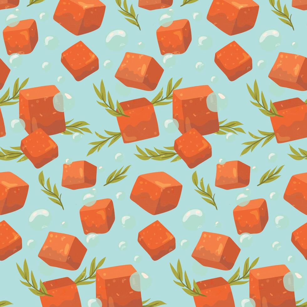 Seamless pattern of handmade red soap spinning around leaves. Cosmetics and medical plant. vector