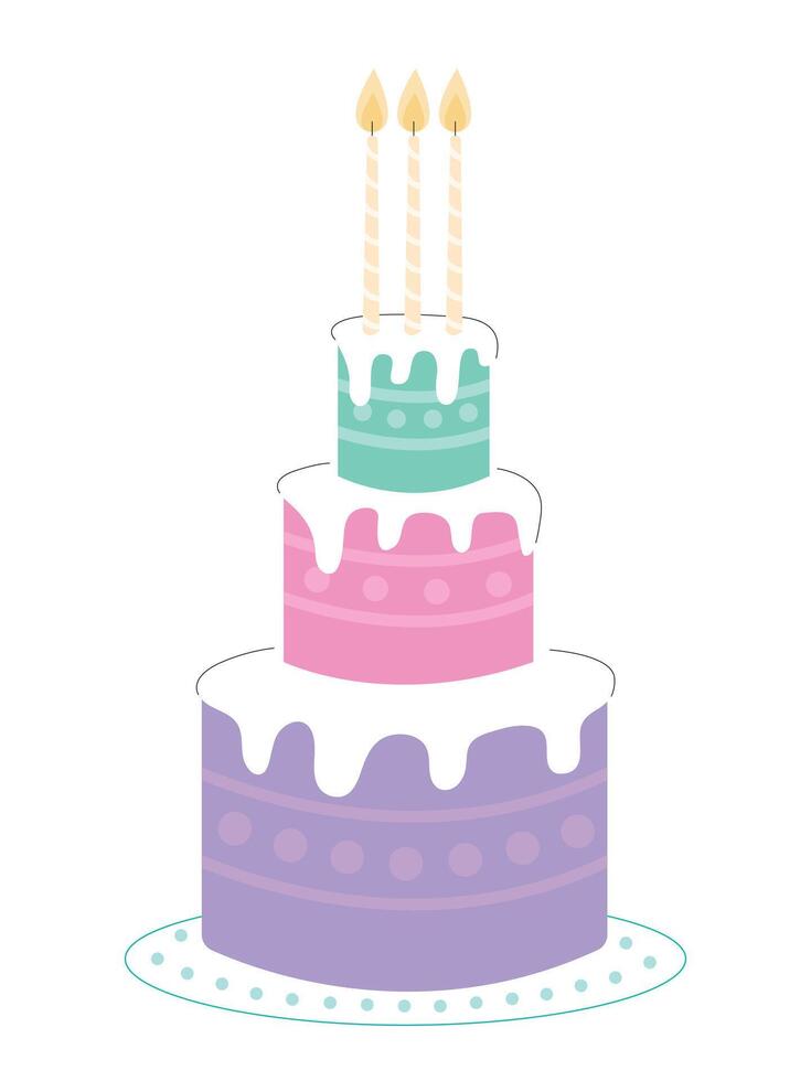 Large three-tier cake for Happy Birthday party flat illustration vector