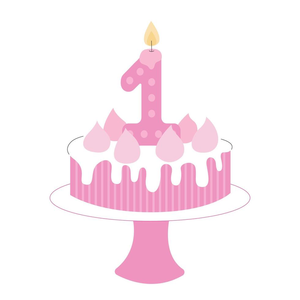 First year birthday cake with one candle illustration vector