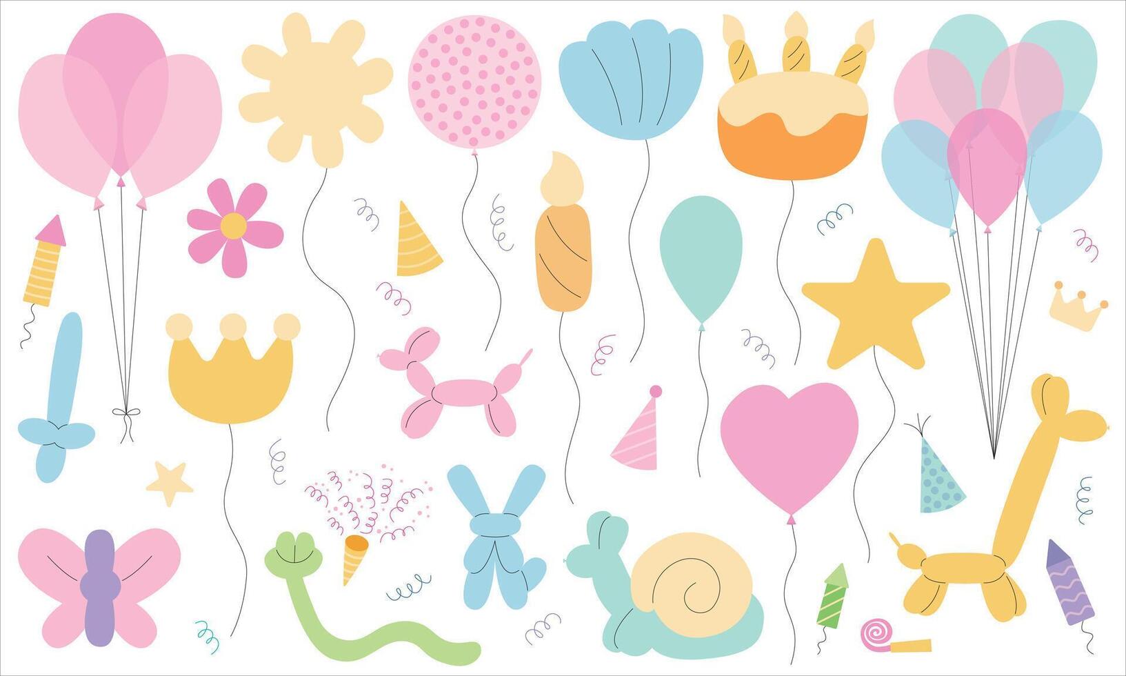 Set of balloons different shapes flat style. Puppy balloon, dog balloon, birthday cake, star, bouquet, heart and butterfly flat set vector