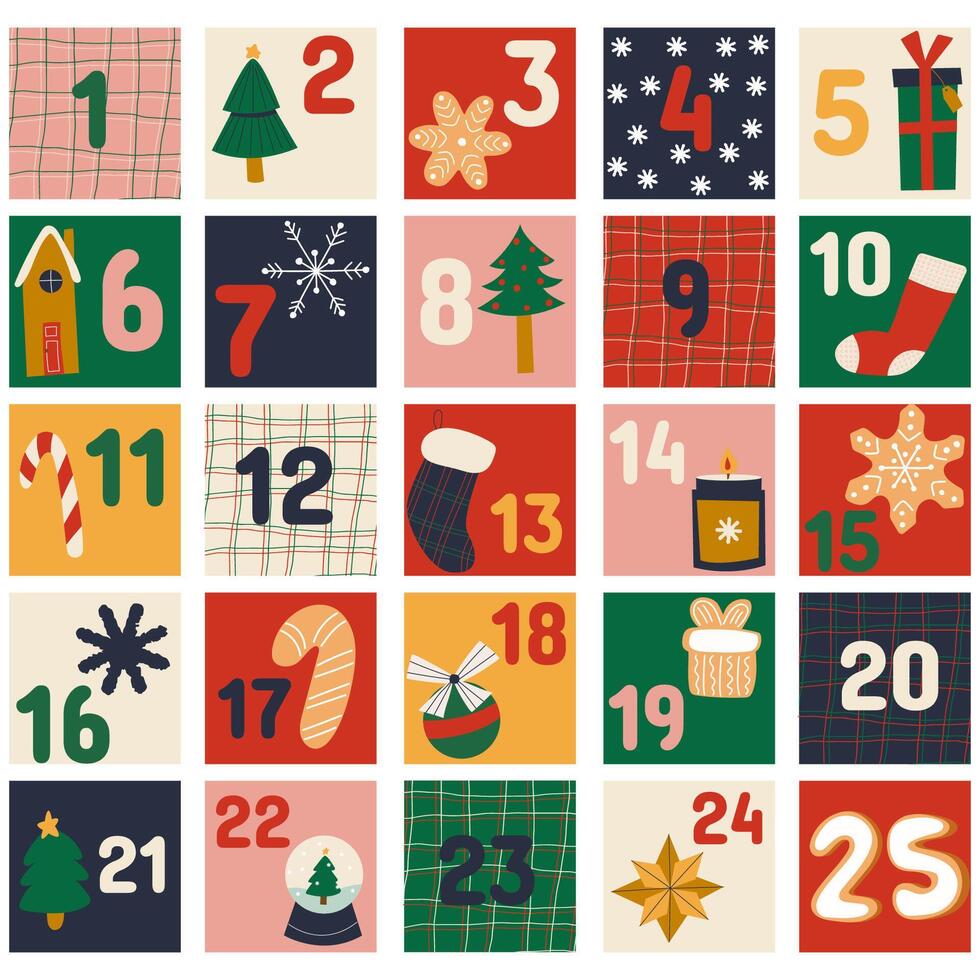 Christmas advent calendar with simple flat illustrations, numbers. Advent Calendar, Merry Christmas poster, printable template with Xmas elements in modern minimalist style. vector