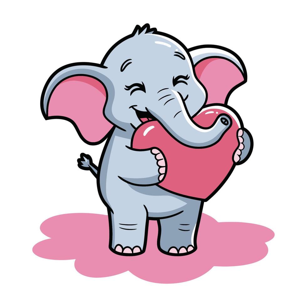 Cute Elephant Hugging a Heart Cartoon Illustration vector