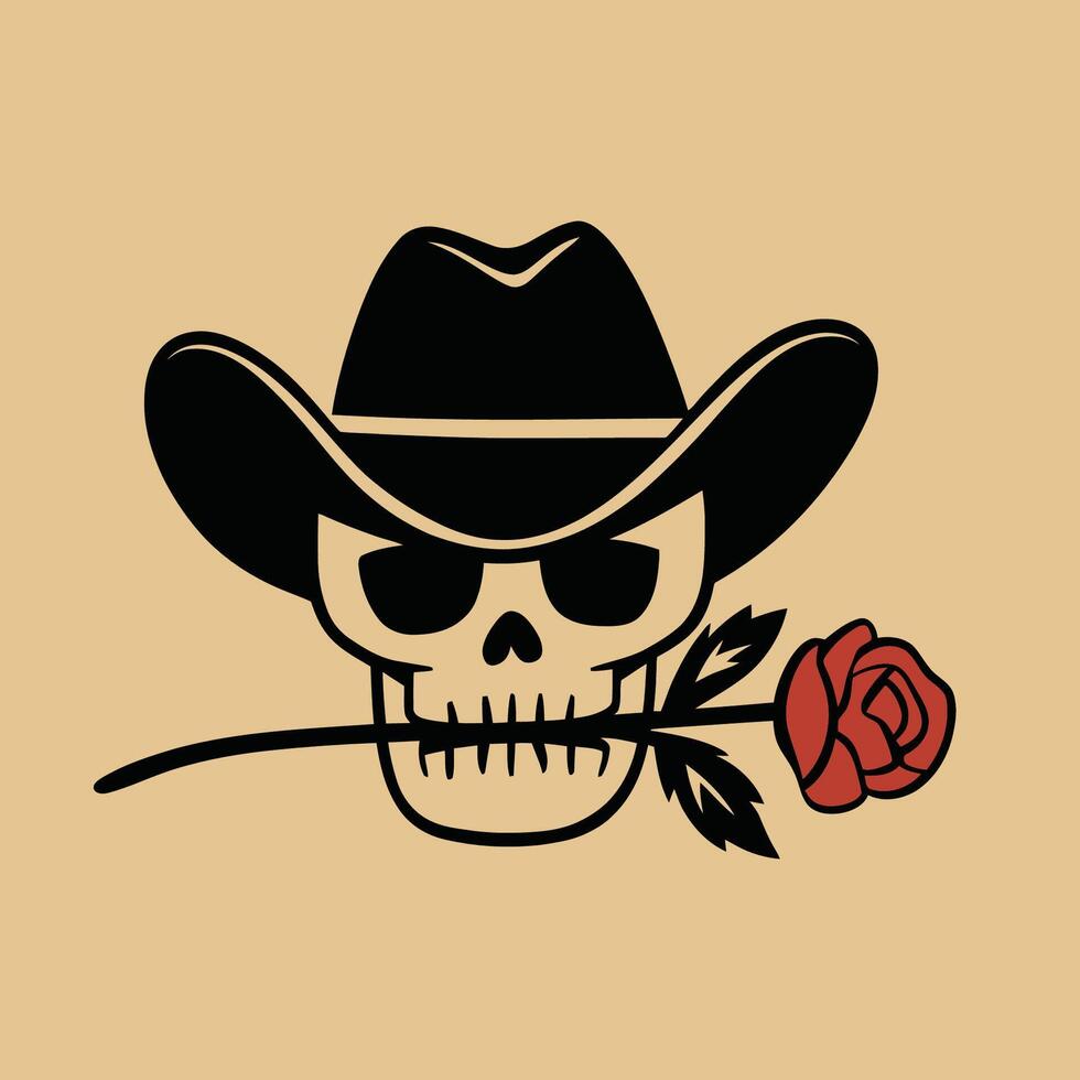 Skull with cowboy hat and rose illustration in vintage style vector