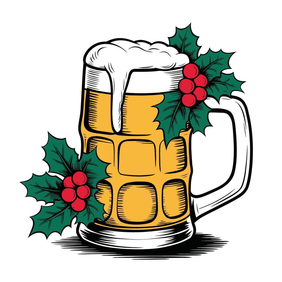 Vintage Festive Beer Mug with Holly and Berries Illustration vector