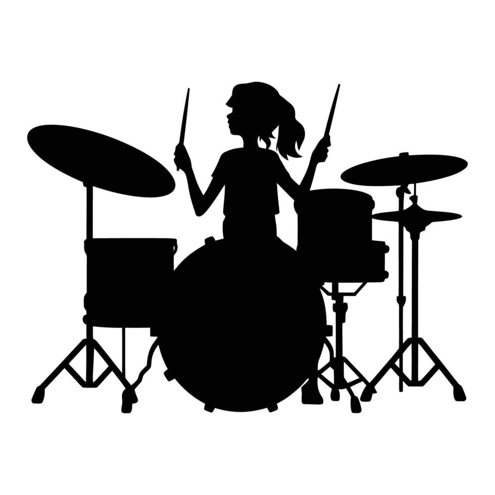 Silhouette of Drummer Girl Playing Drums vector