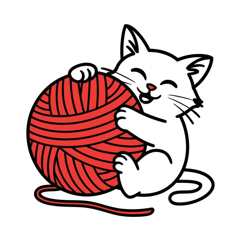 Playful Cat Hugging a Ball of Yarn in Cute Cartoon Style vector