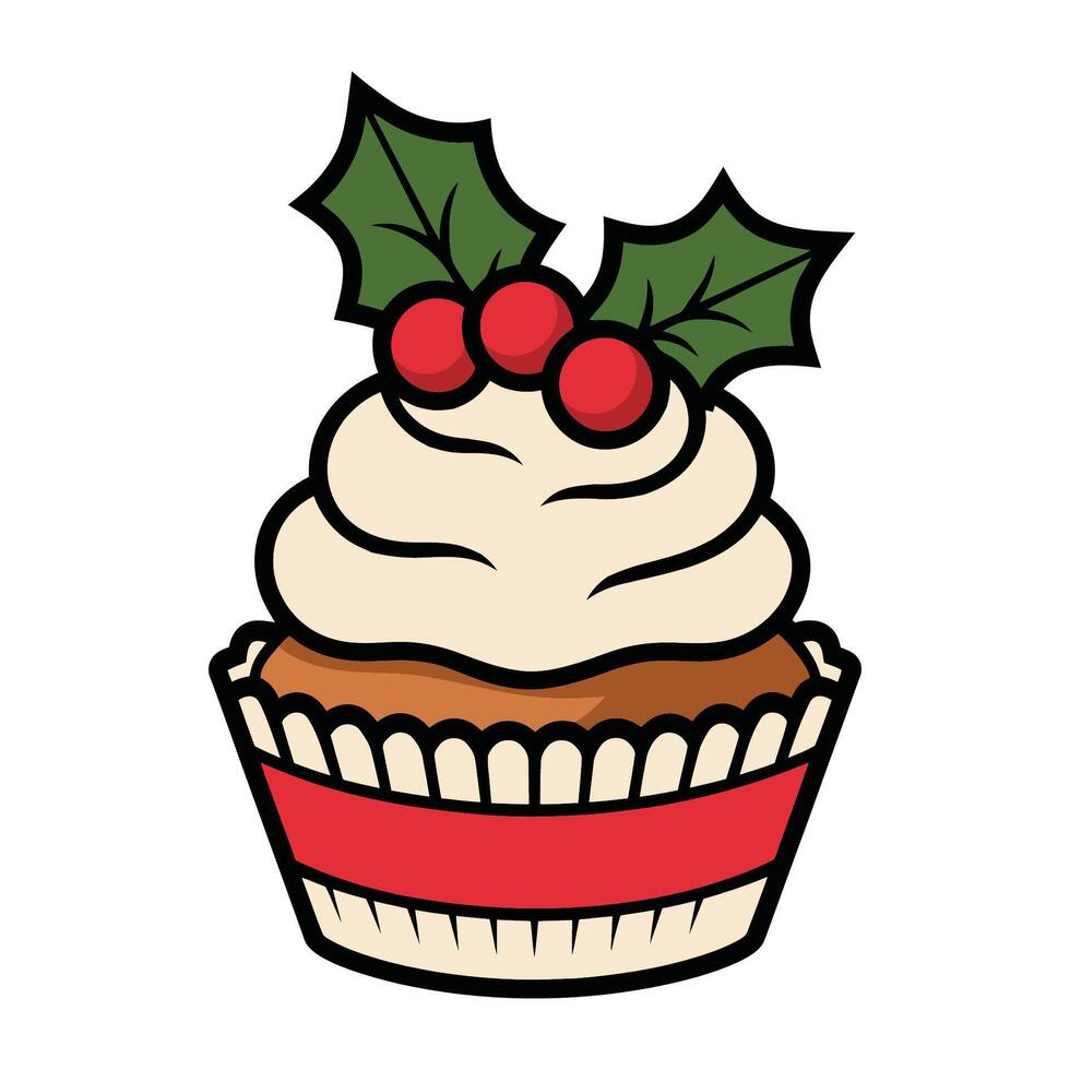 Christmas Cupcake with Holly and Berries Illustration vector
