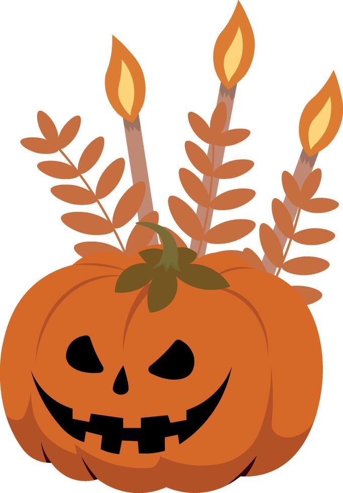 Halloween pumpkins, with lit torch, and leaves in harmonious tones, illustration for backgrounds, designers vector