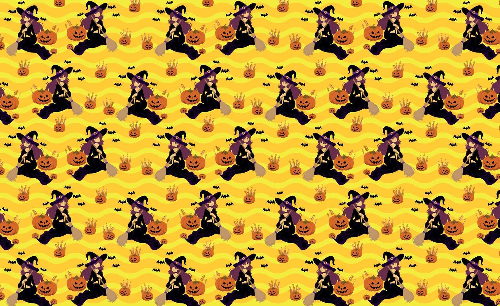 witch with halloween pumpkin, and bat, pattern, for backgrounds textures, fabric texture, repeat vector