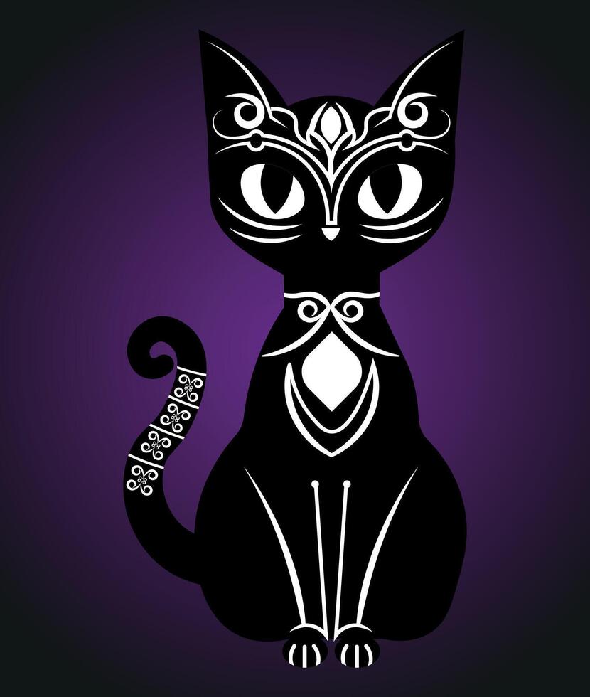 Mystical, gothic black cat, illustration on a black and purple gradient background vector