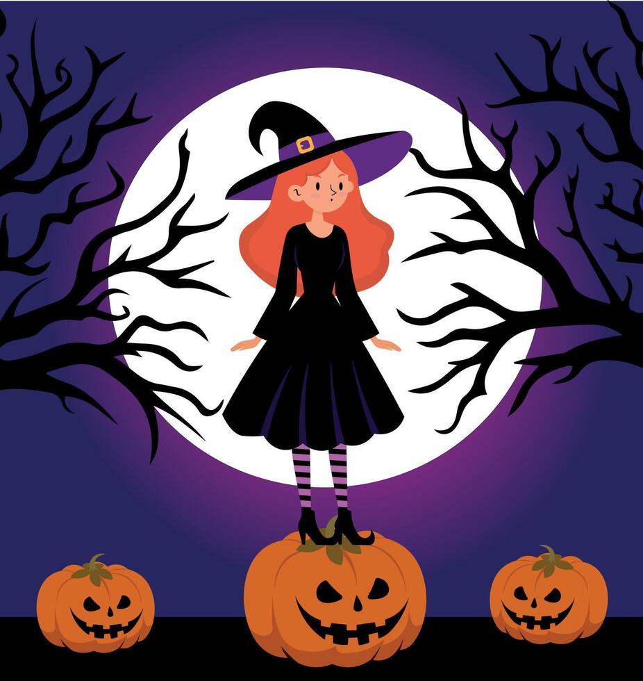 Red-haired witch, on top of a Halloween pumpkin and in a moonlit Halloween setting, in purple tones vector