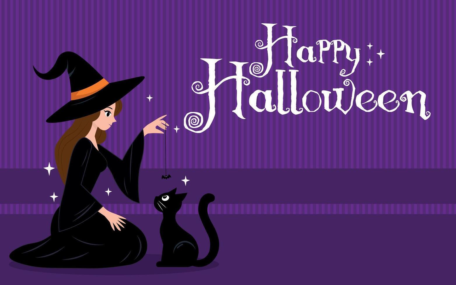 witch, with black cat, illustration, in the moonlight, with the text, Happy Halloween, background, banner vector