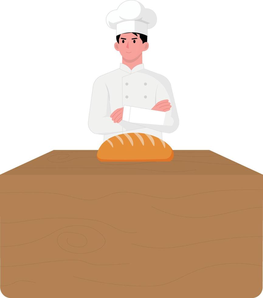 baker, chef, with hands crossed, with a counter with bread in front of him, illustration, for designers vector