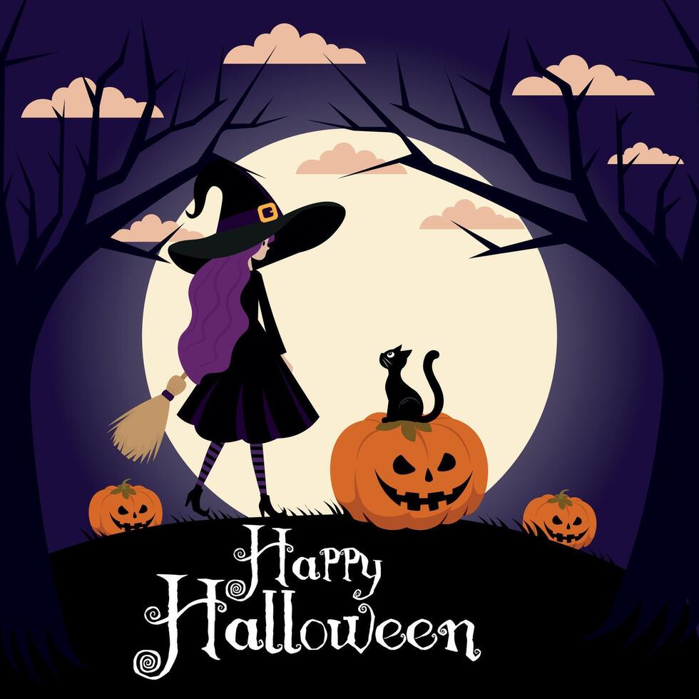 witch illustration, with pumpkin and black cat,with the text, Happy Halloween, background, banner vector