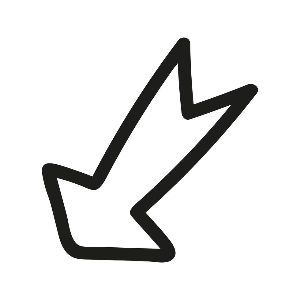 Doodle black silhouette arrow Illustration down and left direction. Hand drawn element vector