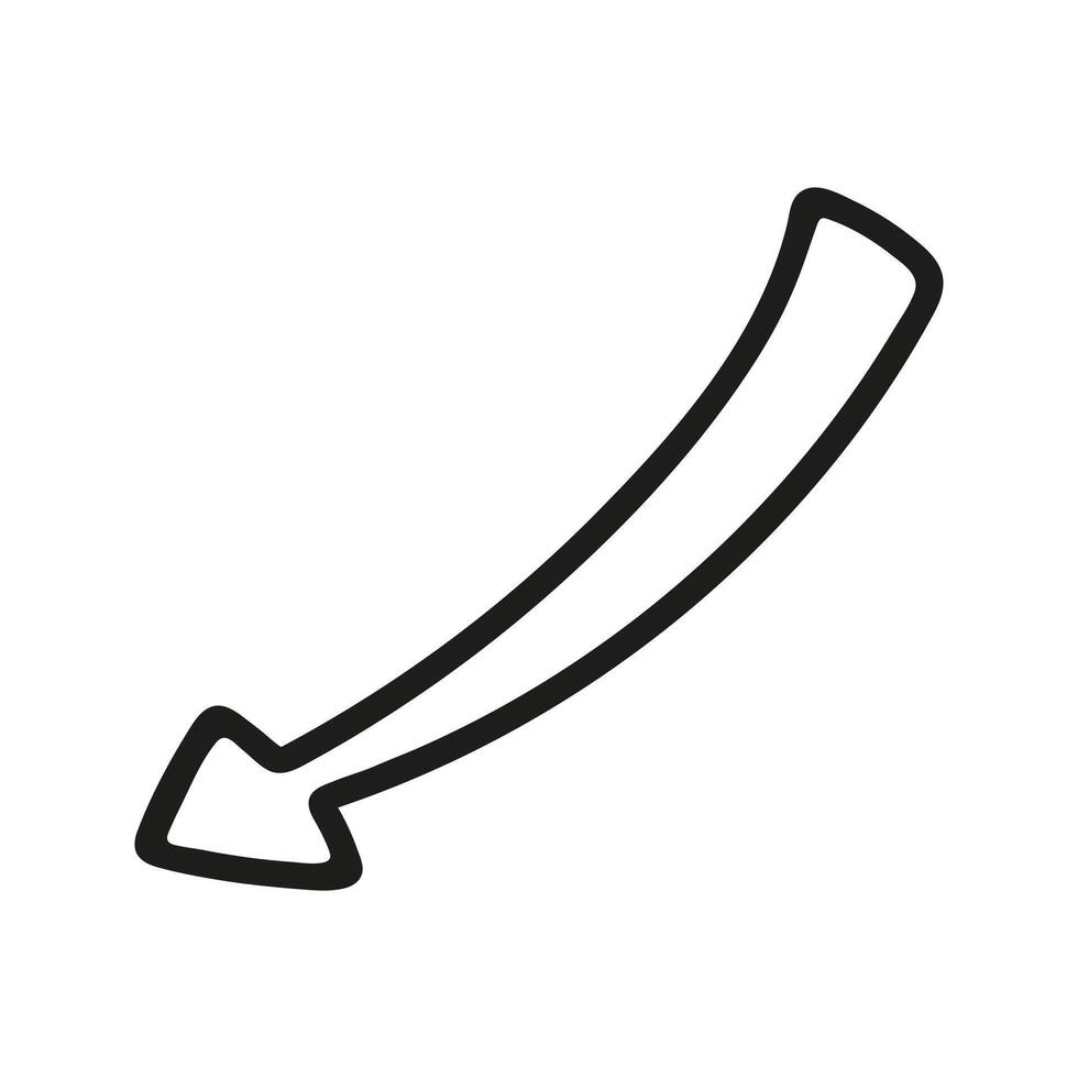 Doodle black silhouette arrow Illustration down and left direction. Hand drawn element vector