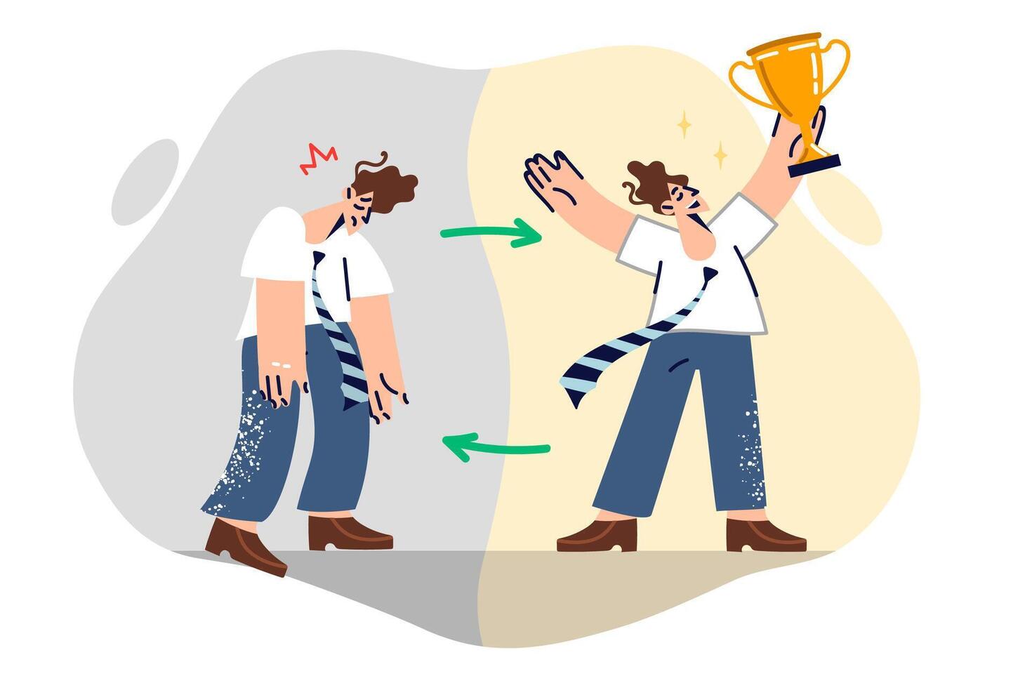 Psychological swings in business man who suddenly turns into winner with cup from loser vector