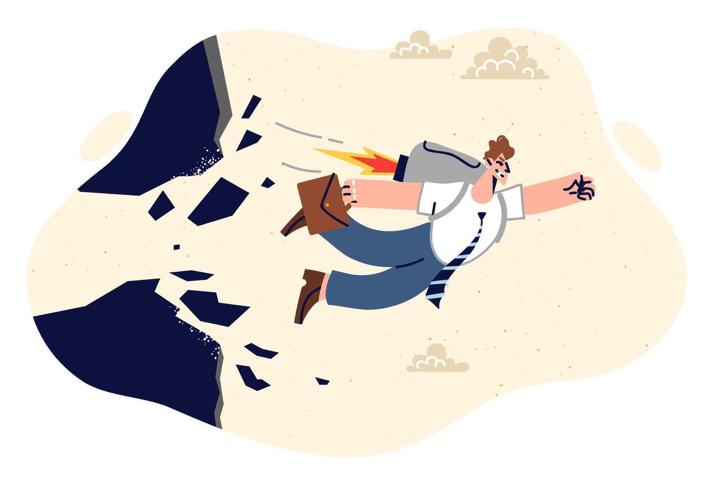 Ambitious business man flies forward, smashing rock with fist and using jetpack. vector