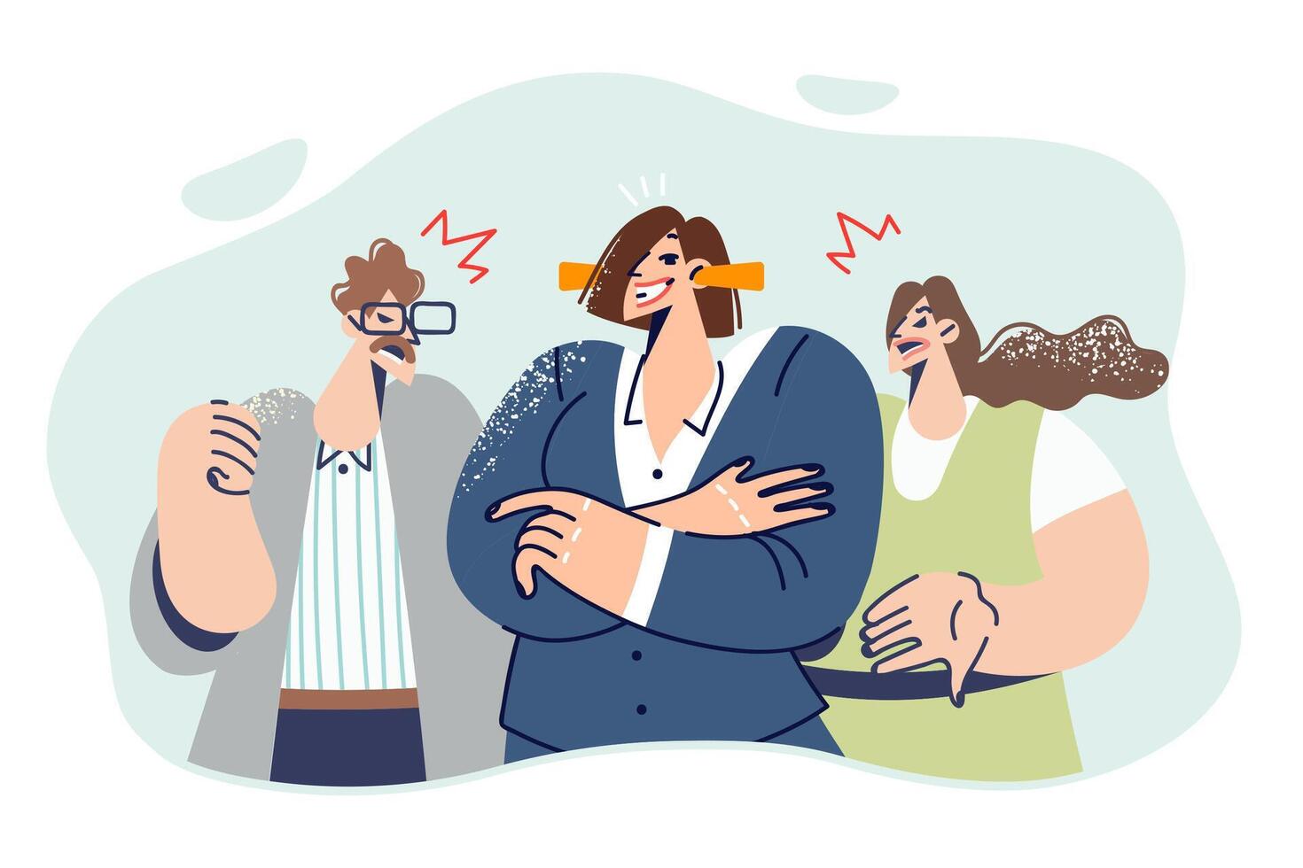 Business woman ignores colleagues because of self-confidence, stands with earplugs vector