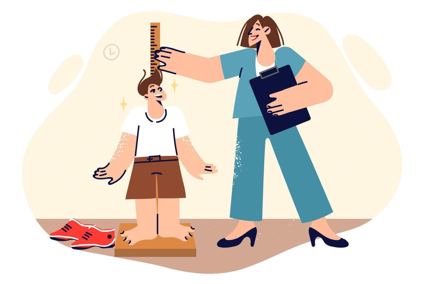 Woman pediatrician measures height of little boy and smiles, enjoying work in children clinic vector