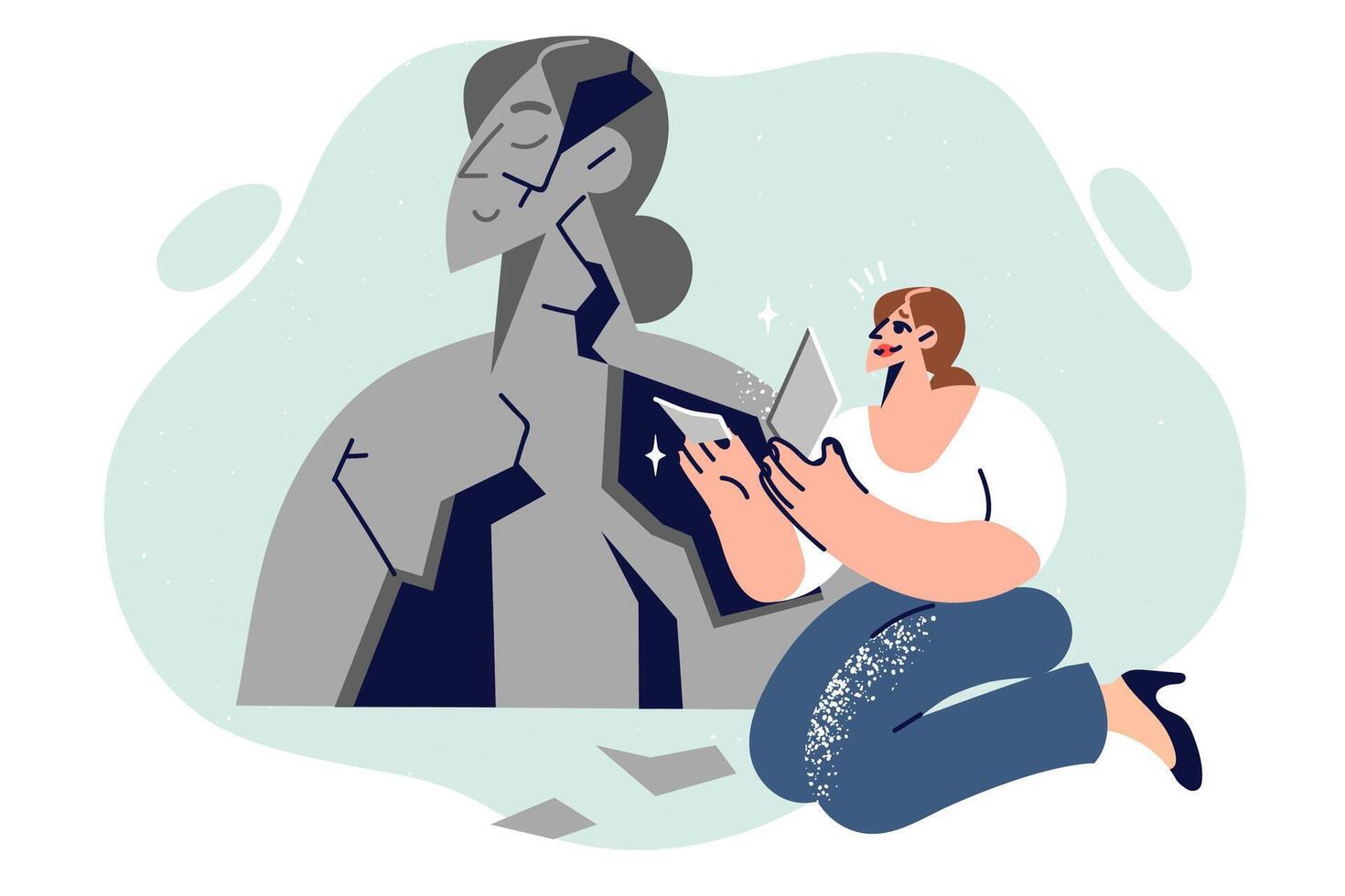 Process of restoring mental health in woman who assembles own portrait from broken pieces vector