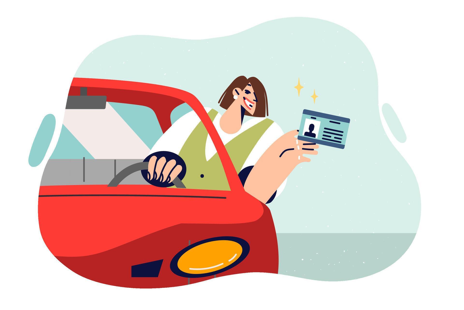 Driver license in hands of woman sitting behind wheel of car