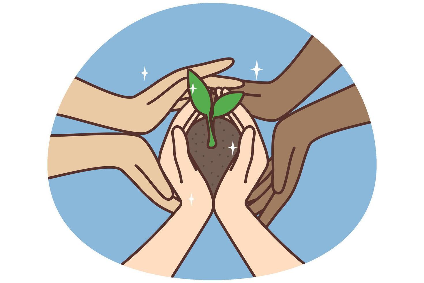 Multiracial people hands hold ground with seedling vector