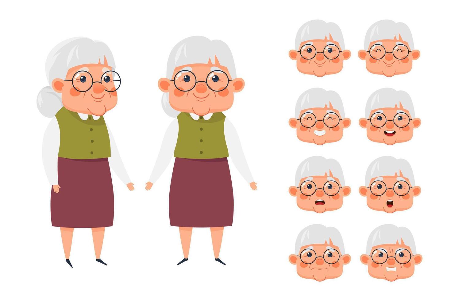 Cute elderly woman character, set of facial expressions. Granny emoji with different expressions. illustration in cartoon style vector