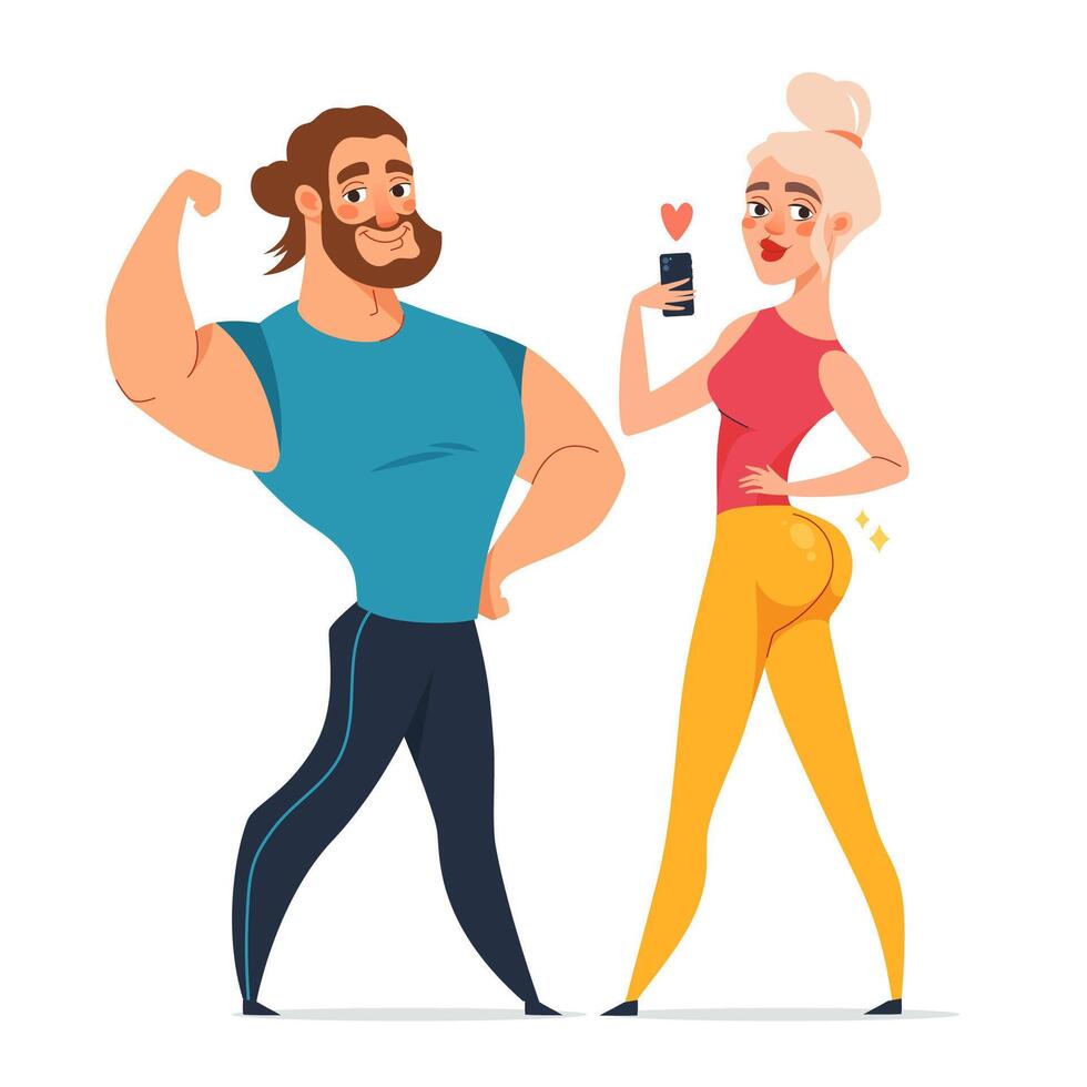 Happy fitness couple. Gym visitors in excellent sports shape take selfies. Illustration in cartoon style vector