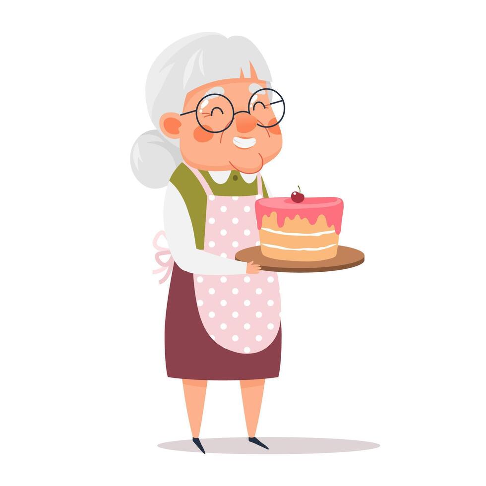 Cute happy elderly woman in an apron with a birthday cake in her hands. illustration in cartoon style vector