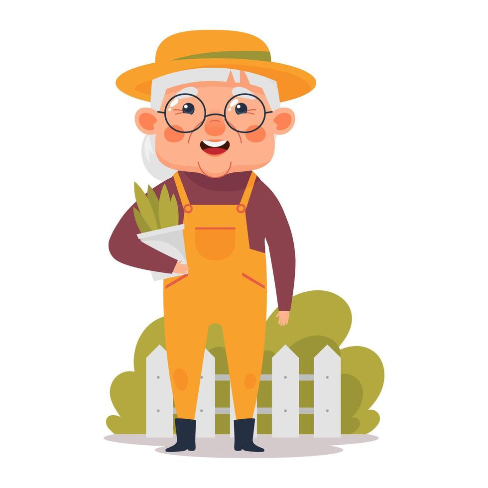 Cute elderly woman working in the garden, growing plants. Grandma dressed as a gardener with a flower pot in her hands. illustration in cartoon style vector