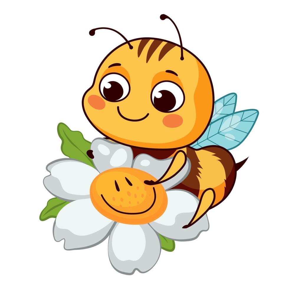 Cute honey bee collects nectar from chamomile flower. illustration in cartoon style vector