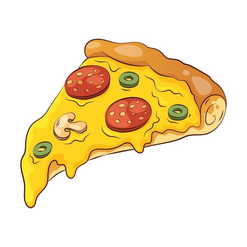 Slice of pizza with pepperoni, mushrooms and olives. illustration vector
