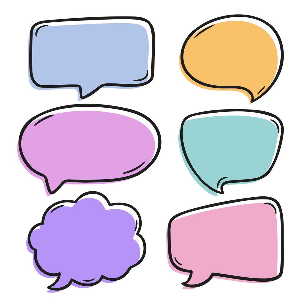 A set of colorful hand drawn speech bubbles in various shapes and sizes. Perfect for digital designs, social media graphics, and comic style illustrations. vector
