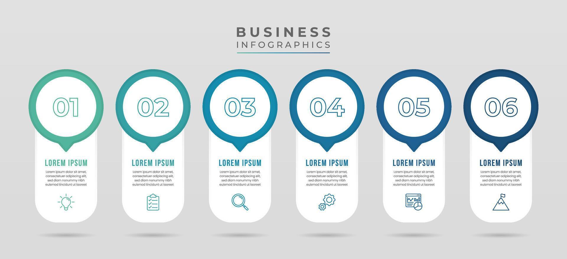 A clean and modern infographic featuring 6 numbered steps, six icons, and placeholders for text. Perfect for business presentations, project planning, or workflow diagrams. vector