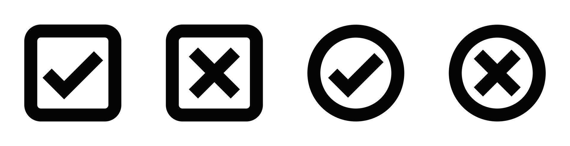 Set of check and cross icons in various shapes. Ideal for interface design, to represent approval or rejection in digital environments. Editable stroke. vector